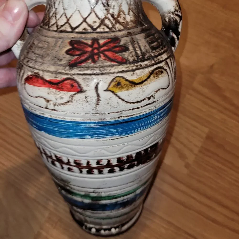 Vtg Handcrafted Ceramic Pottery Vase Folk Art Birds Primative Rustic Farmhouse